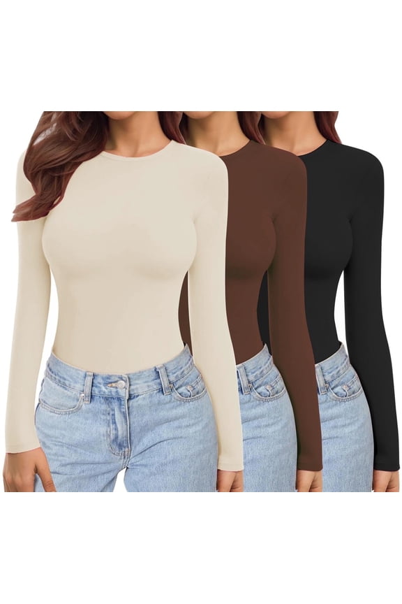 3 Pack Long Sleeve Shirts for Women Crew Neck Stretch Fitted Underscrubs