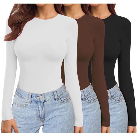 Ekouaer 3 Pack Long Sleeve Shirts for Women Crew Neck Stretch Fitted Underscrubs