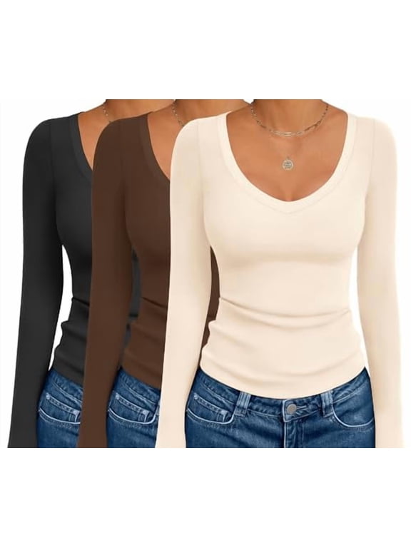 3 Pack Long Sleeve Shirts for Women Deep V Neck Basic Thermal Tops Base Layer Undershirts