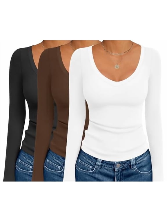 3 Pack Long Sleeve Shirts for Women Deep V Neck Basic Thermal Tops Base Layer Undershirts