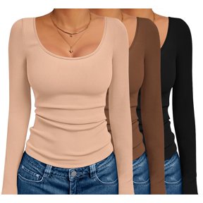 Ekouaer 3 Pack Long Sleeve Shirts for Women Scoop Neck Ribbed Thermal Tops Slim Fit Basic Undershirts