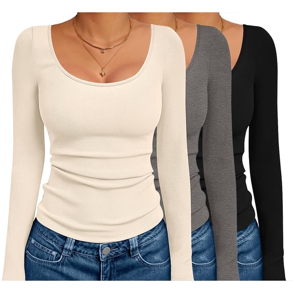 Ekouaer 3 Pack Long Sleeve Shirts for Women Scoop Neck Ribbed Thermal Tops Slim Fit Basic Undershirts