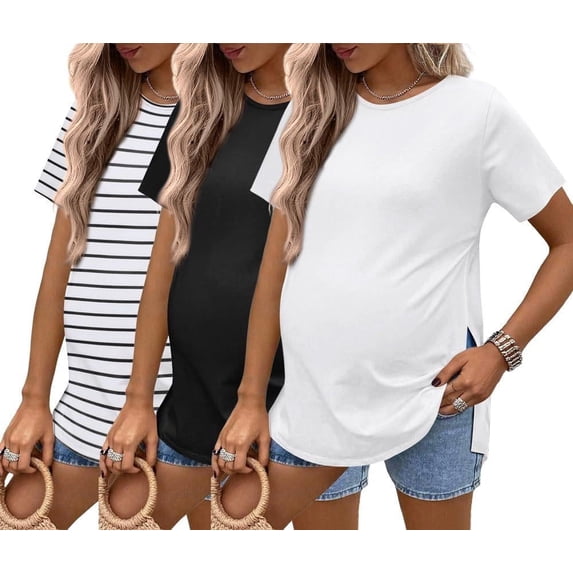 Ekouaer 3 Pack Maternity Shirts Short Sleeve Split Side Pregnancy Tops Casual Pregnant Tunic Blouse