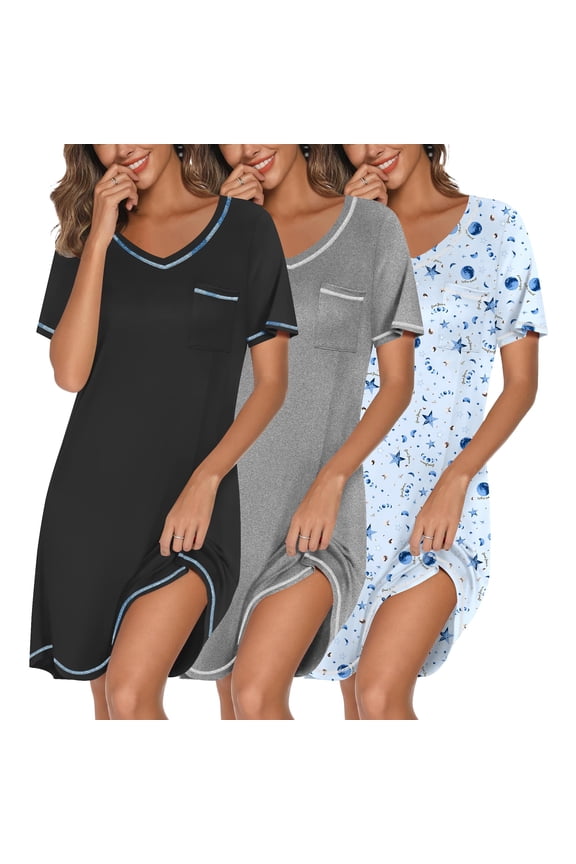 3 Pack Nightgowns for Women Short Sleeve Sleep Shirts T Shirt Night Gown V Neck Nightshirts Soft Sleepwear Dress