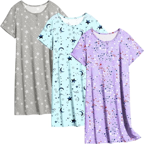 Ekouaer Plus Size Nightgown Soft Nightdress Short Sleeve 3 Pack Sleepshirt Button Down Pullover Nightgowns for Women