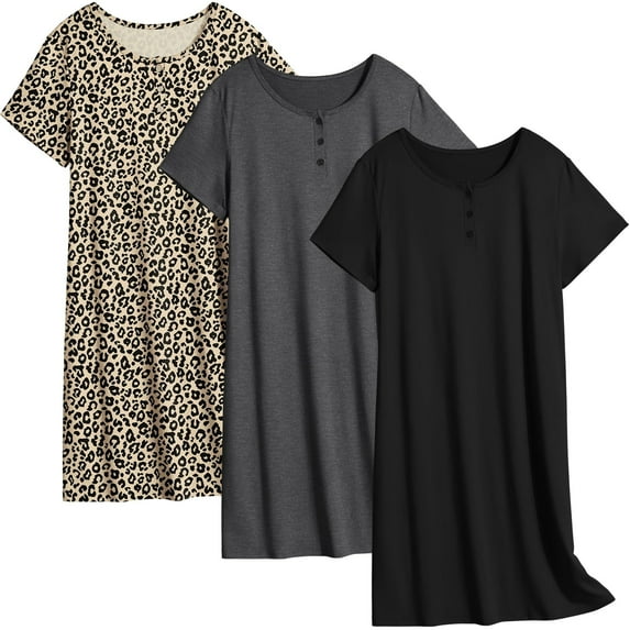 Ekouaer 3 Pack Nightgowns for Women Sleepwear Short Sleeves Sleep Shirts Button Down Nightshirt Sleep Dress