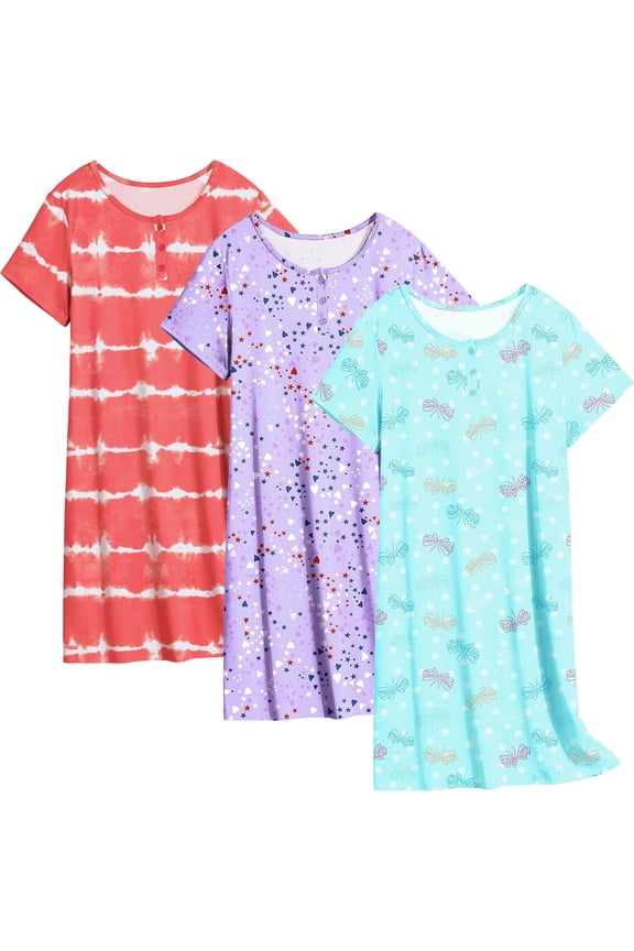 3 Pack Nightgowns for Women Sleepwear Short Sleeves Sleep Shirts Button Down Nightshirt Sleep Dress