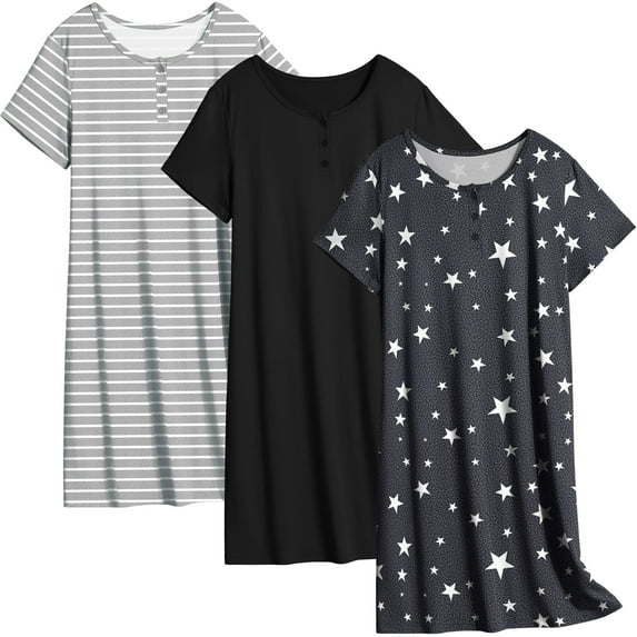 Ekouaer 3 Pack Nightgowns for Women Sleepwear Short Sleeves Sleep Shirts Button Down Nightshirt Sleep Dress