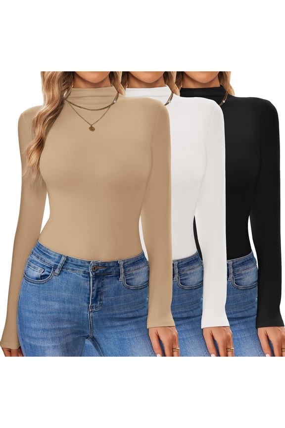 3 Pack Turtleneck Shirt Women Long Sleeve Mock Neck Thermal Base Layer Slim Fit Soft Stretch Undershirts Tops