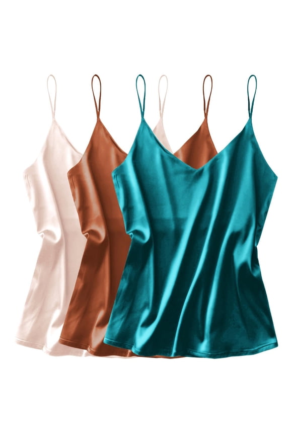 3 Pack: Womens Silk Satin Tank Top V Neck Camisole Cami Spaghetti Strap Top Loose Sleeveless Blouses Tank Shirt