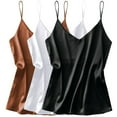 thumbnail image 1 of Ekouaer 3 Pack: Womens Silk Satin Tank Top V Neck Camisole Cami Spaghetti Strap Top Loose Sleeveless Blouses Tank Shirt, 1 of 6
