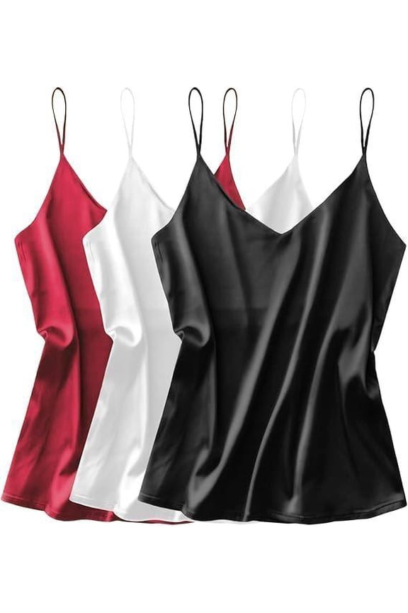 3 Pack: Womens Silk Satin Tank Top V Neck Camisole Cami Spaghetti Strap Top Loose Sleeveless Blouses Tank Shirt