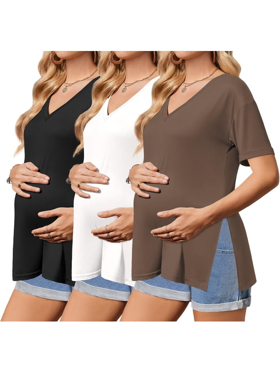 3 Packs Women' Maternity Tops Short Sleeve Side Split Pregnancy Shirts Casual V Neck Pregnant Tees Mama Clothes Black/White/Brown