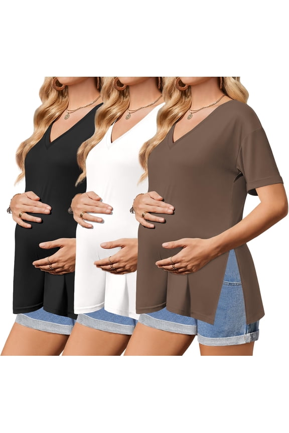 3 Packs Women' Maternity Tops Short Sleeve Side Split Pregnancy Shirts Casual V Neck Pregnant Tees Mama Clothes Black/White/Brown