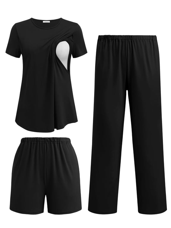 3 Piece Maternity Pajamas Set Postpartum Nursing Short Sleeve Breastfeeding Sleepwear Pregnancy Shorts & Pants Pjs