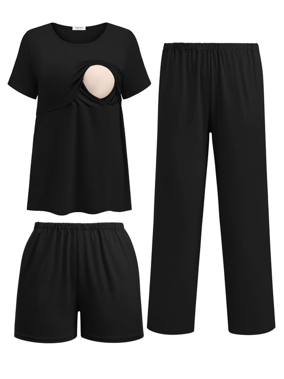 3 Piece Postpartum Nursing Pajamas Set Short Sleeve Breastfeeding Shirts Pregnancy Shorts & Pants Maternity Pjs