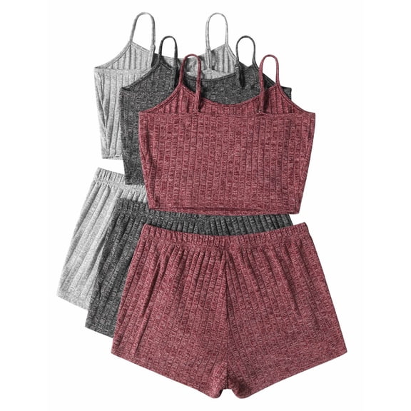 Ekouaer 3 Sets for Women Ribbed Pajamas Crop Cami Top and Shorts Pjs Casual Sleeveless Button Lounge Set Sleepwear