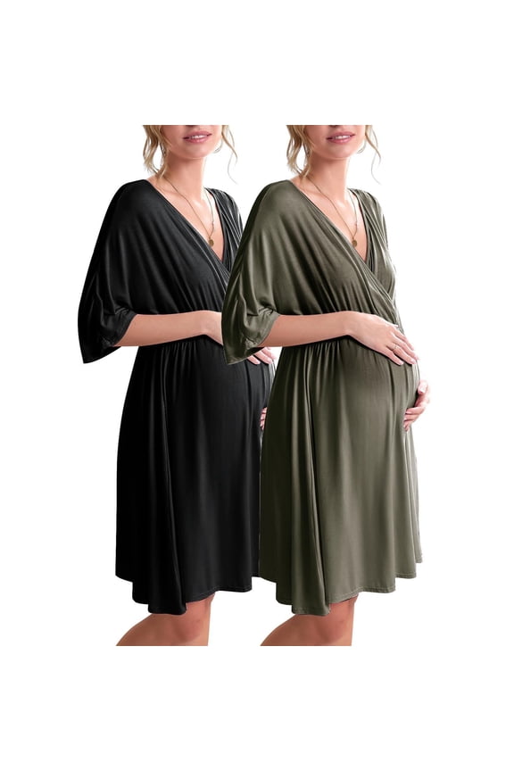 3 in 1 Labor/Delivery/Hospital Gown Maternity Dress Nursing Nightgown Sleepwear for Breastfeeding 2 Pack