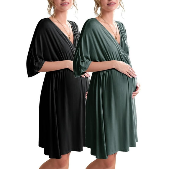 Ekouaer 3 in 1 Labor/Delivery/Hospital Gown Maternity Dress Nursing Nightgown Sleepwear for Breastfeeding 2 Pack