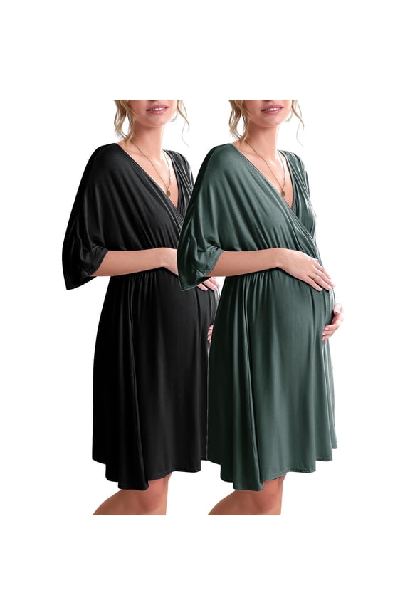 3 in 1 Labor/Delivery/Hospital Gown Maternity Dress Nursing Nightgown Sleepwear for Breastfeeding 2 Pack