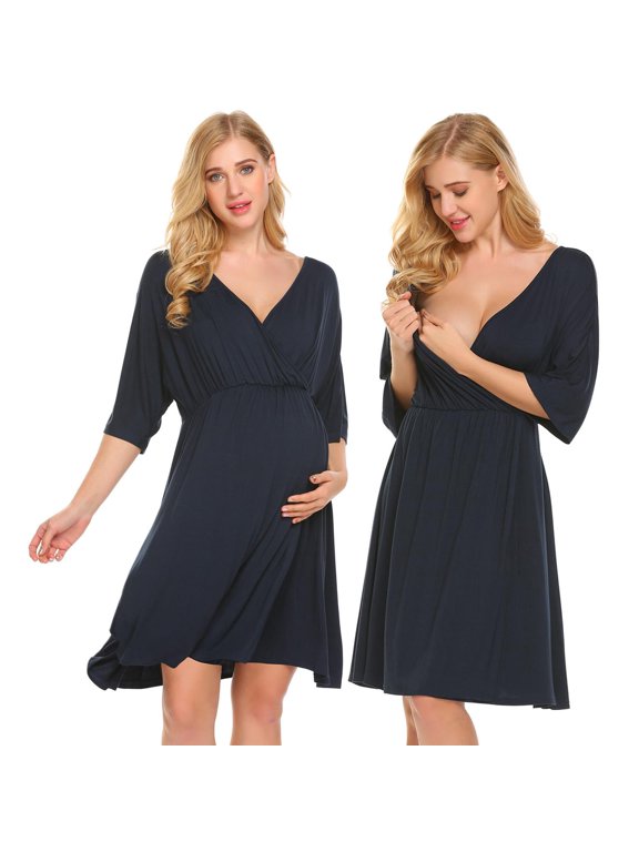 3 in 1 Labor/Delivery/Hospital Gown Maternity Dress Nursing Nightgown Sleepwear for Breastfeeding Navy Blue XXX-Large
