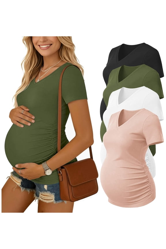 4 Pack Maternity Shirts V Neck Maternity Top Short Sleeve Casual Tee Side Ruched Pregnancy Clothes