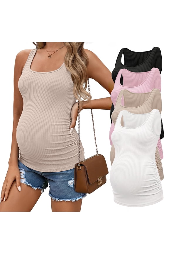 4 Pack Maternity Tank Tops Ribbed Summer Pregnancy Shirts Ruch Side Tops Casual Square Neck Postpartum Clothes