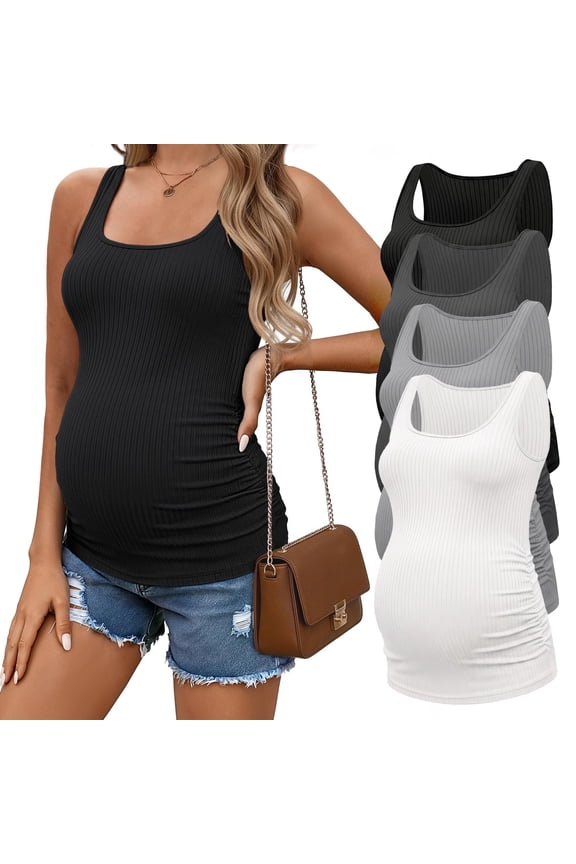 4 Pack Maternity Tank Tops Ribbed Summer Pregnancy Shirts Ruch Side Tops Casual Square Neck Postpartum Clothes