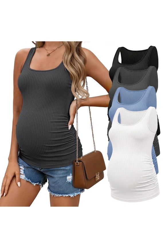 4 Pack Maternity Tank Tops Ribbed Summer Pregnancy Shirts Ruch Side Tops Casual Square Neck Postpartum Clothes