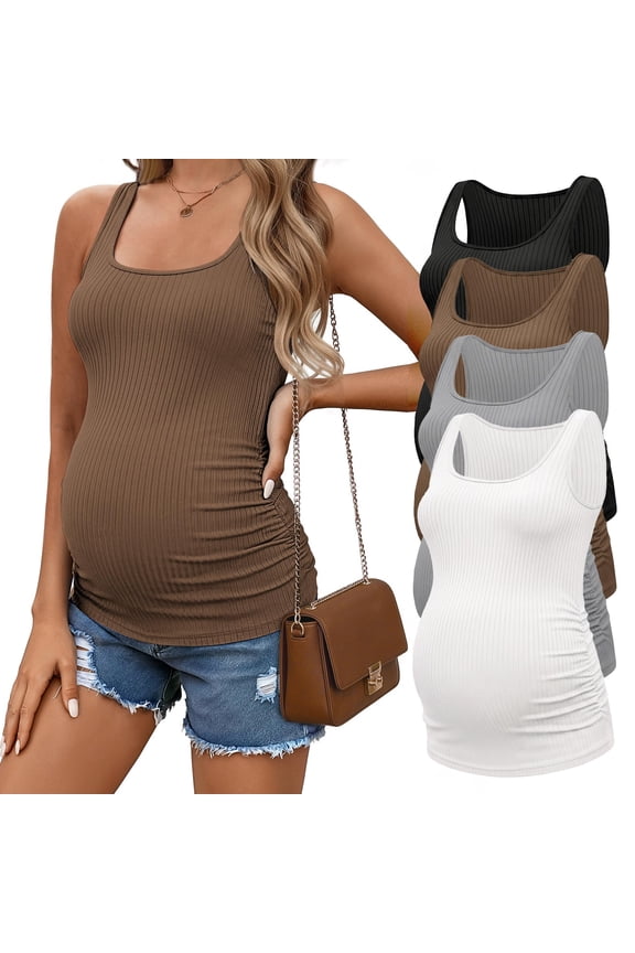 4 Pack Maternity Tank Tops Ribbed Summer Pregnancy Shirts Ruch Side Tops Casual Square Neck Postpartum Clothes
