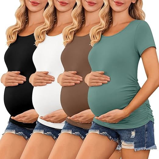 Ekouaer 4 Pack Women' Maternity Shirts Short Sleeve Crew Neck Side Ruched Pregnancy Tops New Mama Clothes