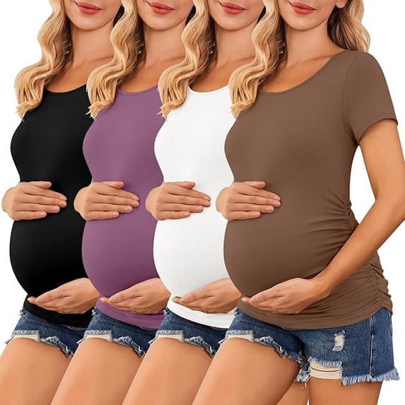 Ekouaer 4 Pack Women' Maternity Shirts Short Sleeve Crew Neck Side Ruched Pregnancy Tops New Mama Clothes