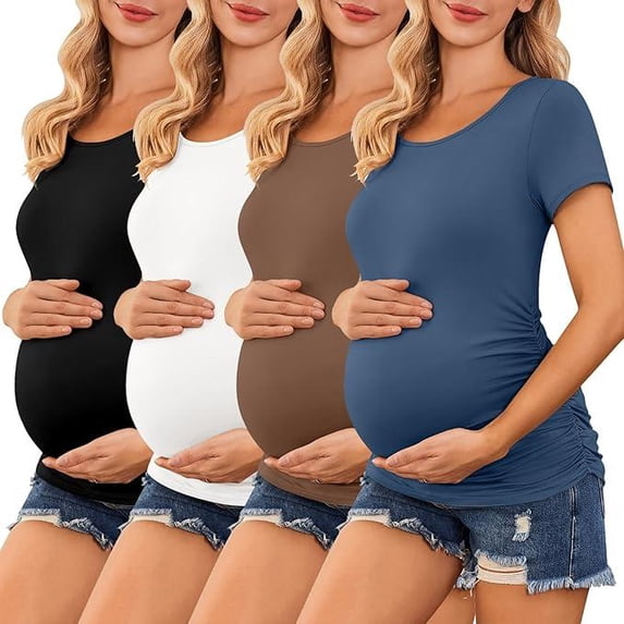 Ekouaer 4 Pack Women' Maternity Shirts Short Sleeve Crew Neck Side Ruched Pregnancy Tops New Mama Clothes