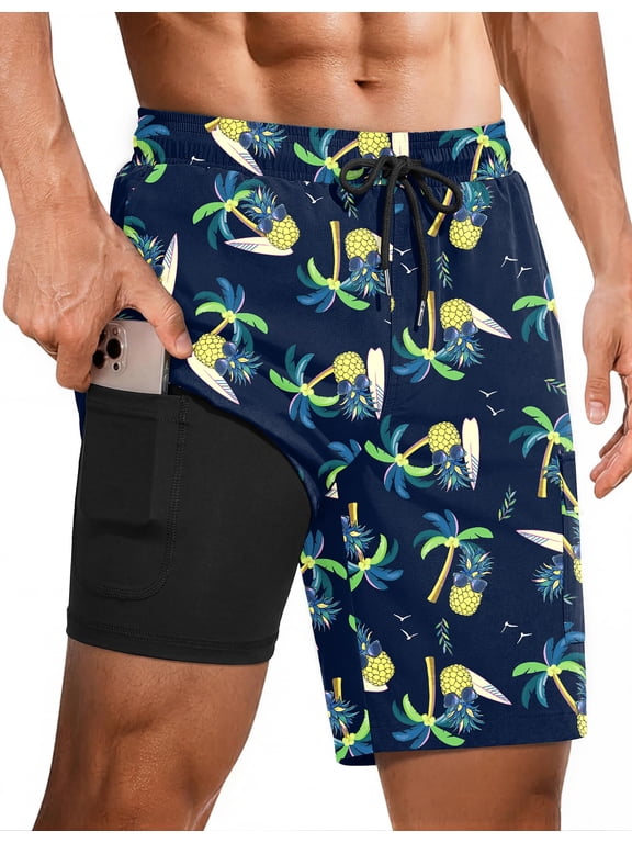 9 Inch Mens Swim Trunks with Compression Liner 2 in 1 Board Shorts Quick Dry Bathing Suit with Pockets