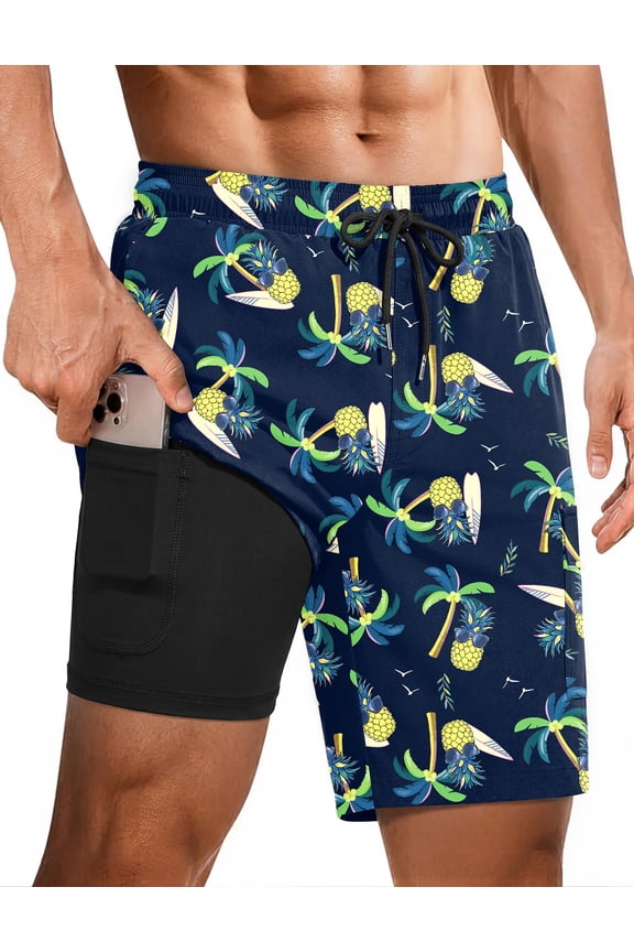 9 Inch Mens Swim Trunks with Compression Liner 2 in 1 Board Shorts Quick Dry Bathing Suit with Pockets