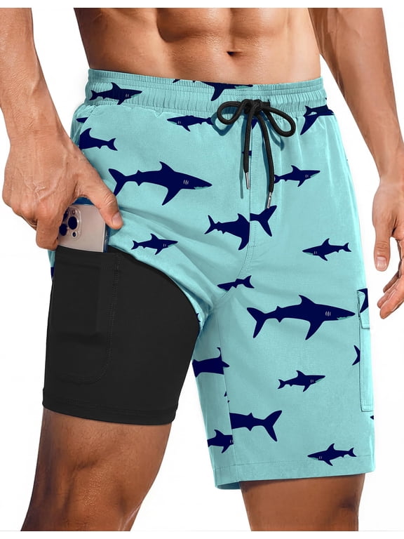 9 Inch Mens Swim Trunks with Compression Liner 2 in 1 Board Shorts Quick Dry Bathing Suit with Pockets