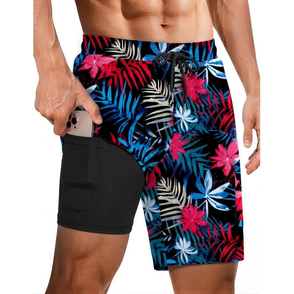 Ekouaer 9 Inch Mens Swim Trunks with Compression Liner 2 in 1 Board Shorts Quick Dry Bathing Suit with Pockets