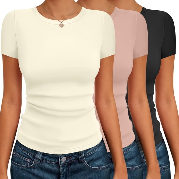 Ekouaer Basic Tees for Women Short Sleeve Shirts Crew Neck Slim Fit Tops Trendy Clothes Black/Dirty Pink/Beige