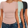 thumbnail image 1 of Ekouaer Basic Tees for Women Short Sleeve Shirts Crew Neck Slim Fit Tops Trendy Clothes Black/Light Green/Dirty Pink, 1 of 6