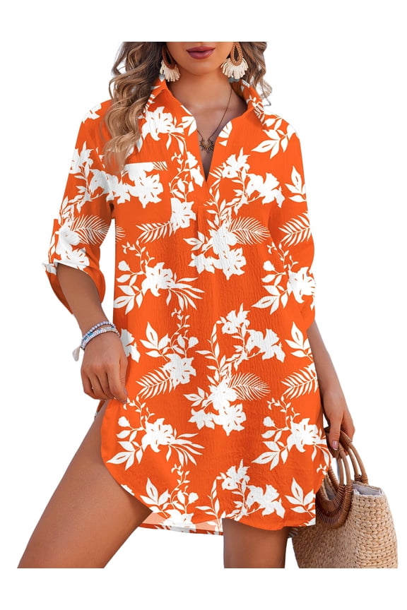 Beach Cover Ups for Women V Neck Bathing Suit Cover Up Bikini Swimsuit Coverup Beach Dress Shirt