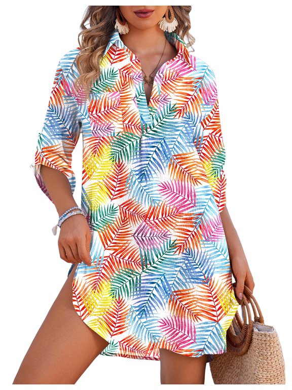 Beach Cover Ups for Women V Neck Bathing Suit Cover Up Bikini Swimsuit Coverup Beach Dress Shirt