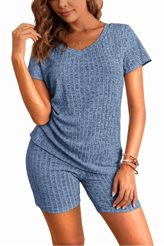 Biker Short Sets Women 2 Piece Outfits Ribbed Pajama Short Sleeve Workout Set