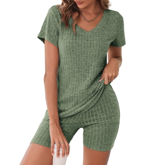 Ekouaer Biker Short Sets Women 2 Piece Outfits Ribbed Pajama Short Sleeve Workout Set