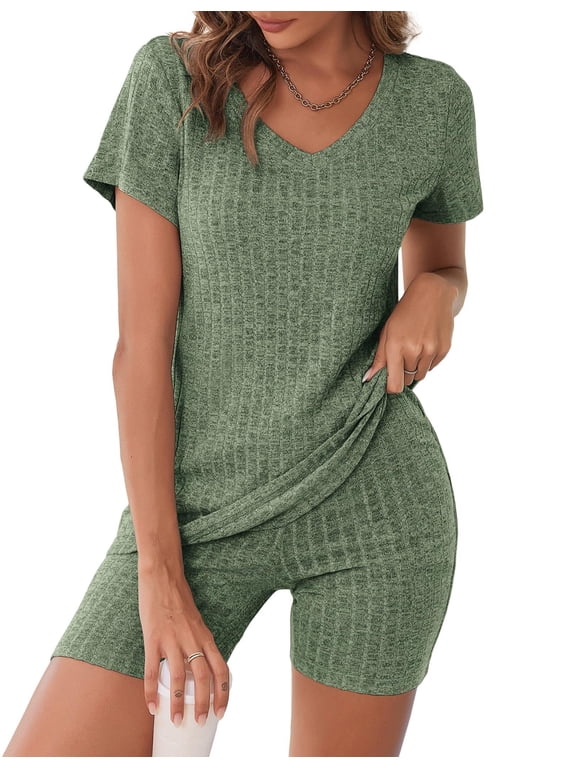 Biker Short Sets Women 2 Piece Outfits Ribbed Pajama Short Sleeve Workout Set