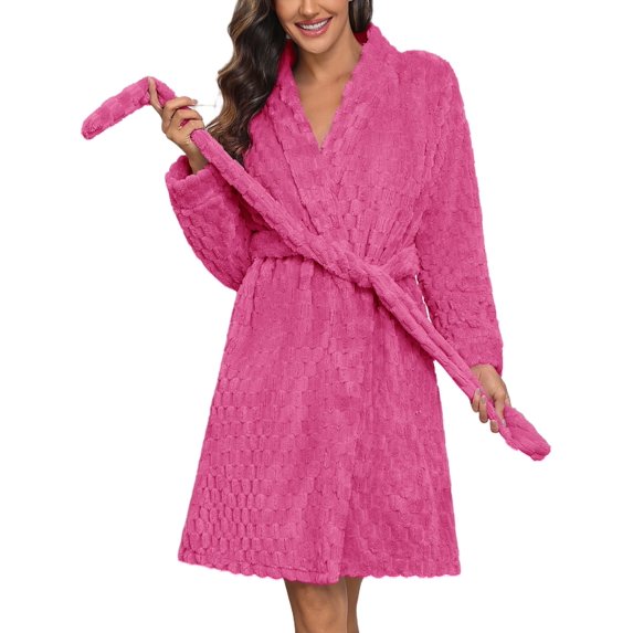 Ekouaer Black Bathrobe for Women Fleece Plush Robes Knee Length Warm Ladies Sleep Robe Jacquard Sleepwear with Pockets