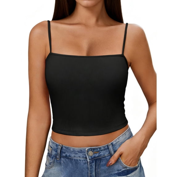 Ekouaer Black Tops for Women Ribbed Spaghetti Strap Tank Top Square Neck Camisoles Summer 2026 Y2k