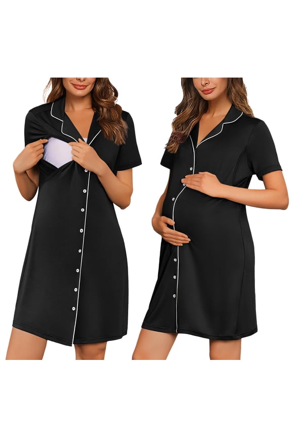 Button Down Nursing Nightgown V Neck Breastfeeding Dress Short Sleeve Classic Maternity Pajamas