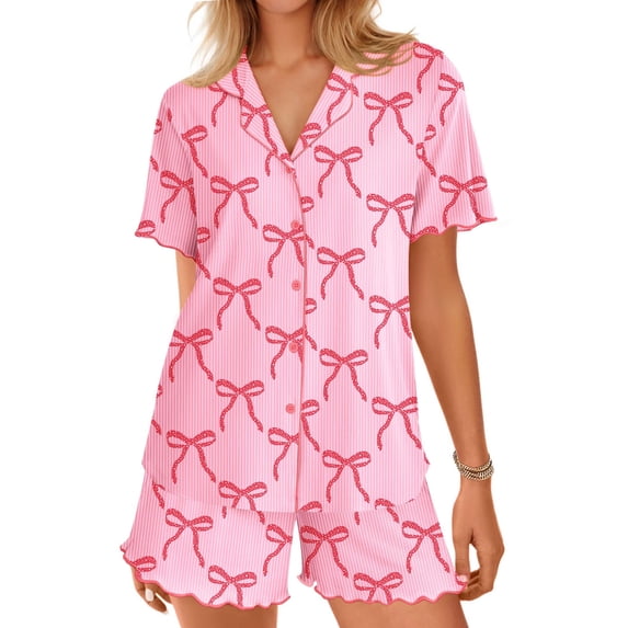 Ekouaer Button Up Pajamas Set for Women Short Sleeve Ribbed Knit Sleepwear 2 Piece Pjs Shorts Set