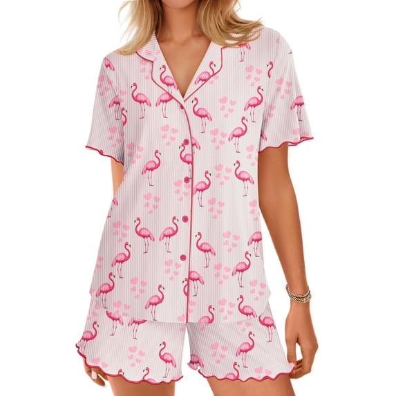 Ekouaer Button Up Pajamas Set for Women Short Sleeve Ribbed Knit Sleepwear 2 Piece Pjs Shorts Set