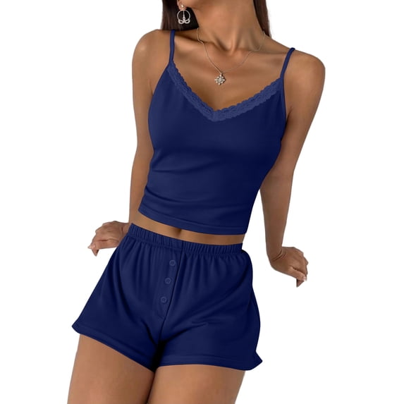 Ekouaer Cami Pajama Sets Y2K 2 Piece Lace Crop Top and Shorts Sexy Pjs Summer Lingerie Sleepwear Nightwear for Women